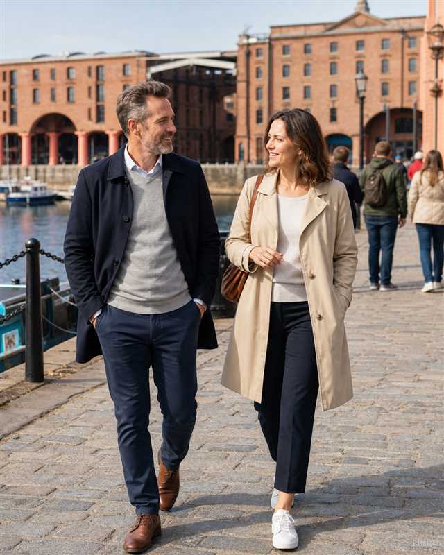 Two adults walking beside Liverpool's Albert Dock waterfront
