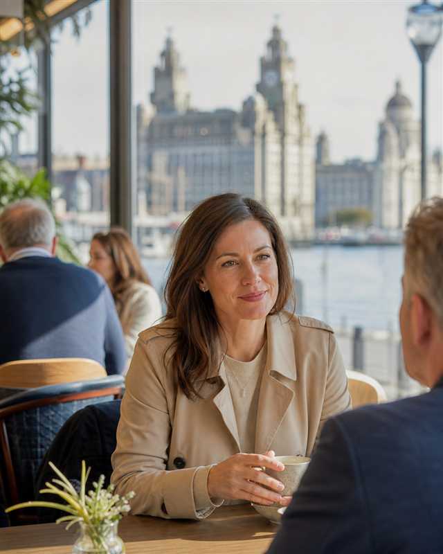 Two adults having a relaxed first meeting in a public Liverpool café