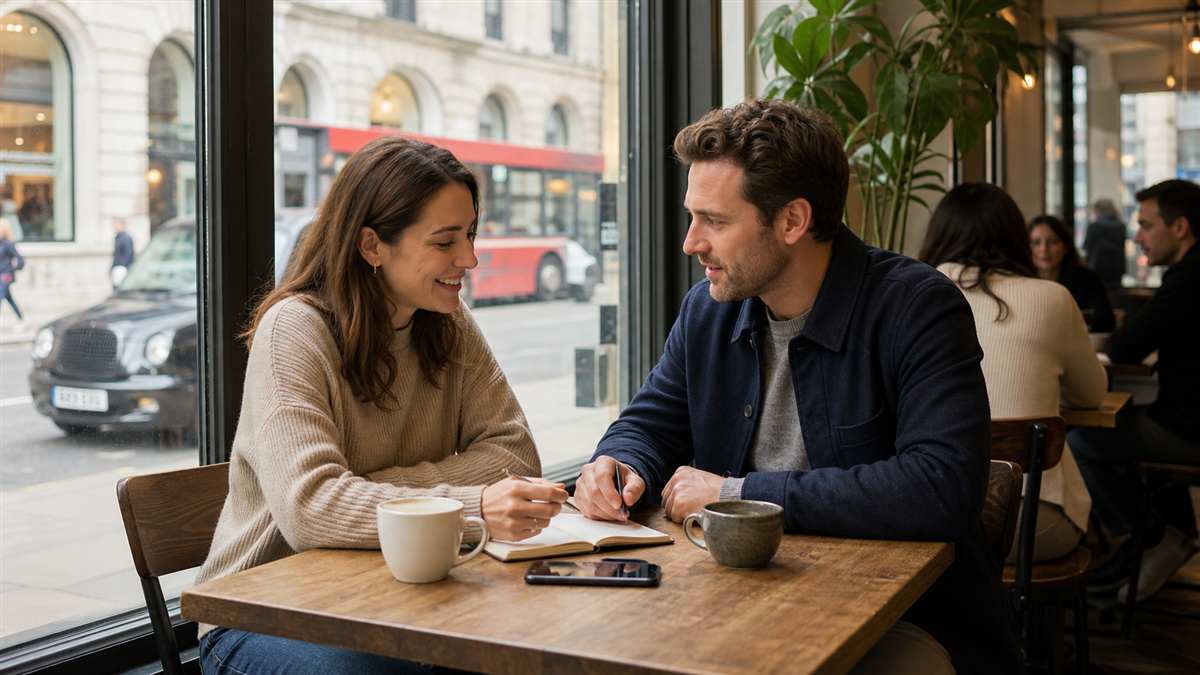Two adults discussing a first-date plan in a public London cafe