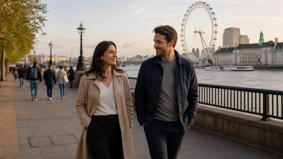 Two adults walking along London South Bank near the River Thames